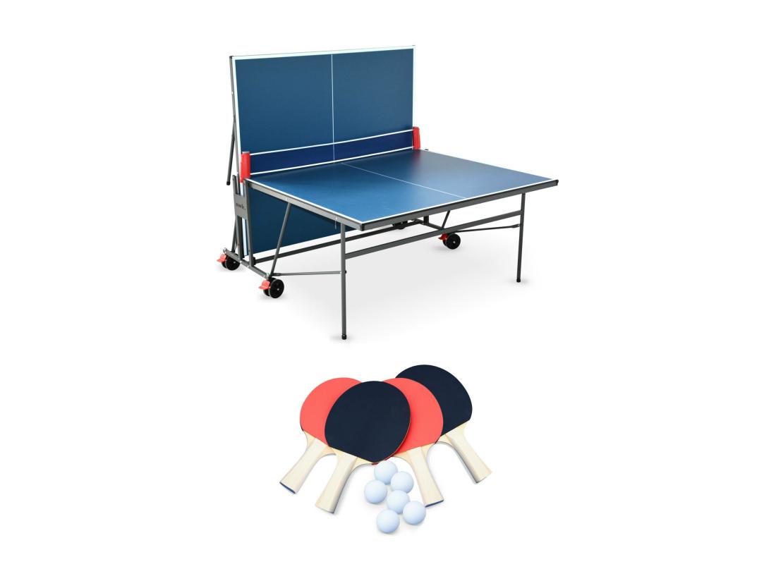 Vente Unique Table De Ping Pong INDOOR Bleue - Table Pliable Avec 4 Raquettes Et 6 Balles. Pour Utilisation Intérieure. Sport Tennis De Table