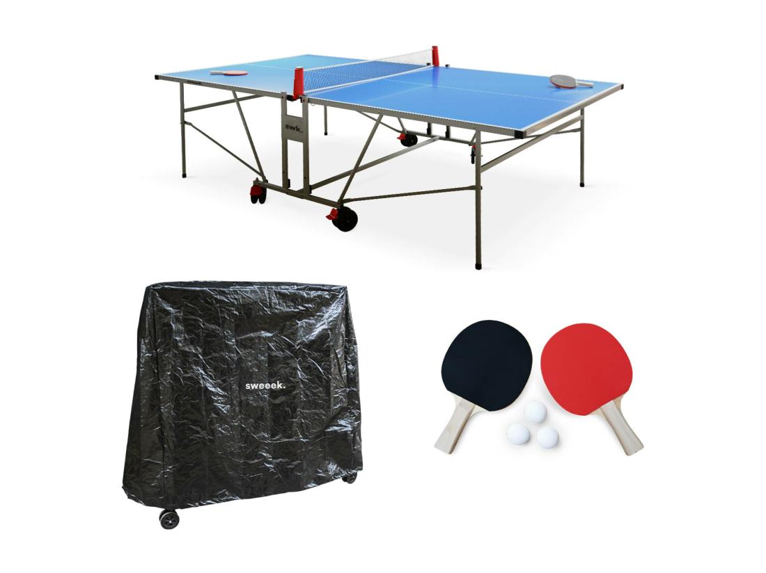 Vente Unique Table De Ping Pong OUTDOOR. Avec 2 Raquettes Et 3 Balles. Pour Utilisation Extérieure + Housse En PVC