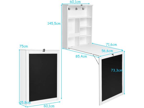 vente unique table murale rabattable pliable avec etagère intégrée et tableau noir en mdf 75 x 15 8 x 60 1cm