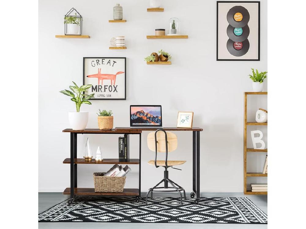 Vente Unique Table Roulante Bureau D’Angle Mobile Avec 3 Étagères Table D’Appoint Rotative 360°pour Salon Chambre Montage Facile Bureau Avec Rangement Marron Rustqiue 80 X 71 5 X 67cm