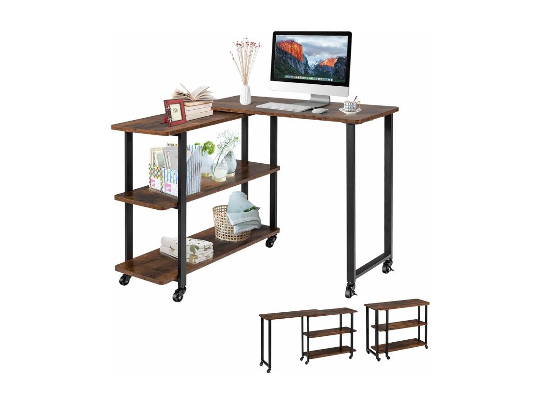 Vente Unique Table Roulante Bureau D’Angle Mobile Avec 3 Étagères Table D’Appoint Rotative 360°pour Salon Chambre Montage Facile Bureau Avec Rangement Marron Rustqiue 80 X 71 5 X 67cm