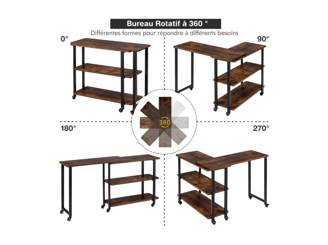 Vente Unique Table Roulante Bureau D’Angle Mobile Avec 3 Étagères Table D’Appoint Rotative 360°pour Salon Chambre Montage Facile Bureau Avec Rangement Marron Rustqiue 80 X 71 5 X 67cm