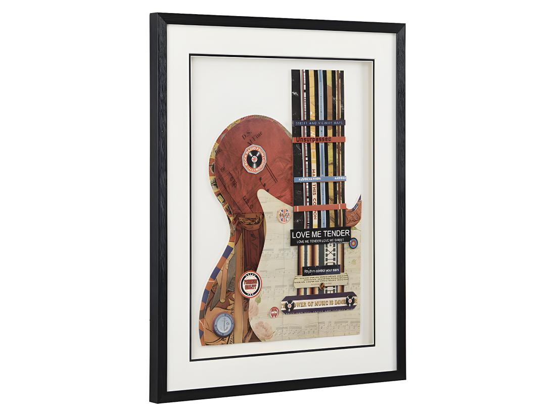 Vente Unique Tableau Collage Guitare Effet 3D HERO Avec Cadre Noir - 50 X 70 Cm - Multicolore