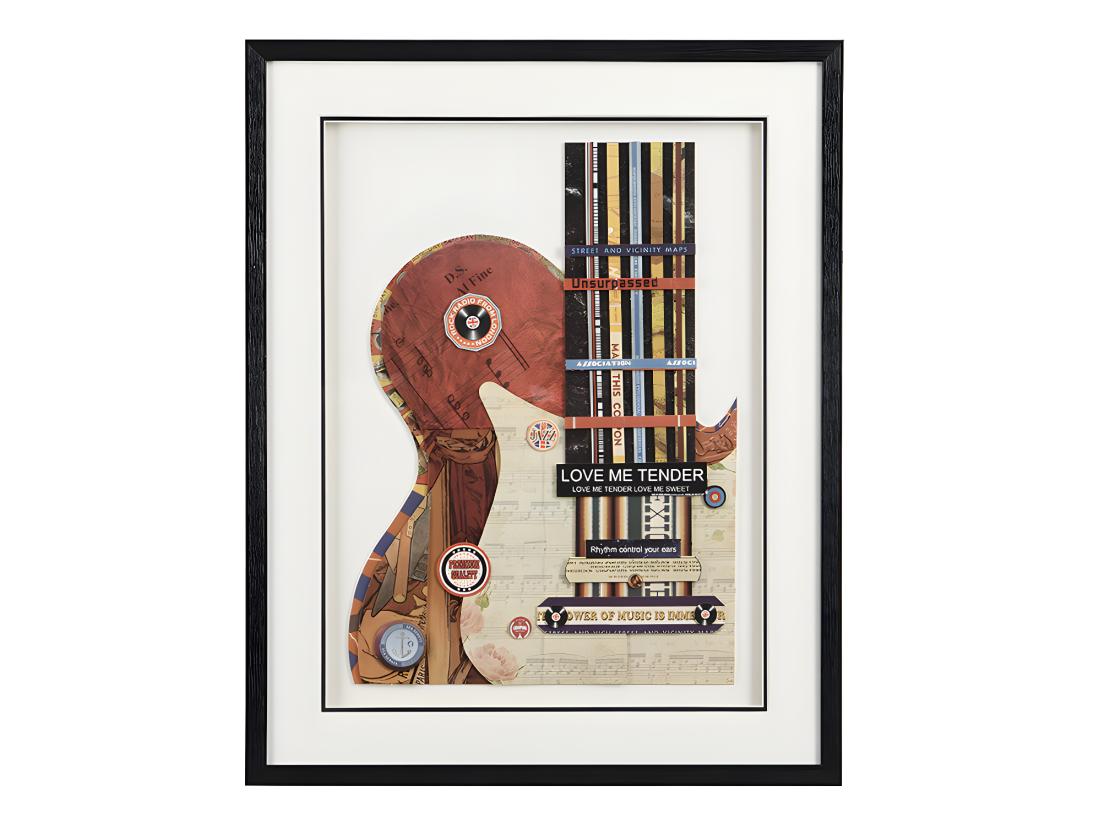vente unique Tableau collage guitare effet 3D HERO avec cadre noir - 50 x 70 cm - Multicolore