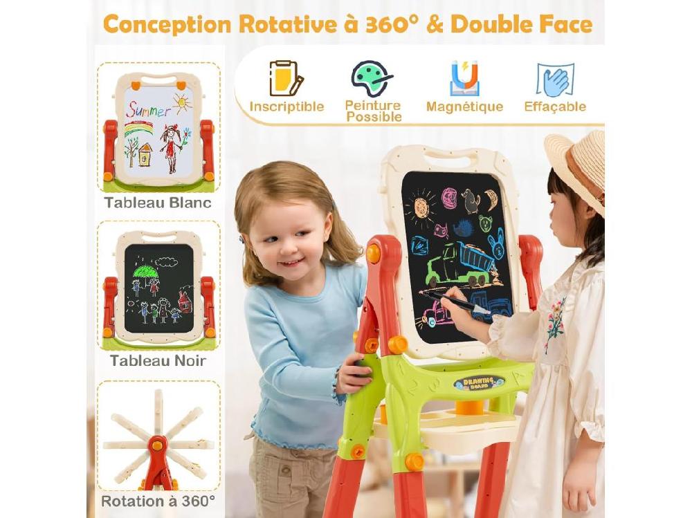 Vente Unique Tableau Enfant Double Face Avec 2 Hauteur Réglable Chevalet Enfant Sur Pieds Avec Plateau De Rangement & 2 Pots Tableau Pivotant à 360° Pour 3 Ans+ (Orange)