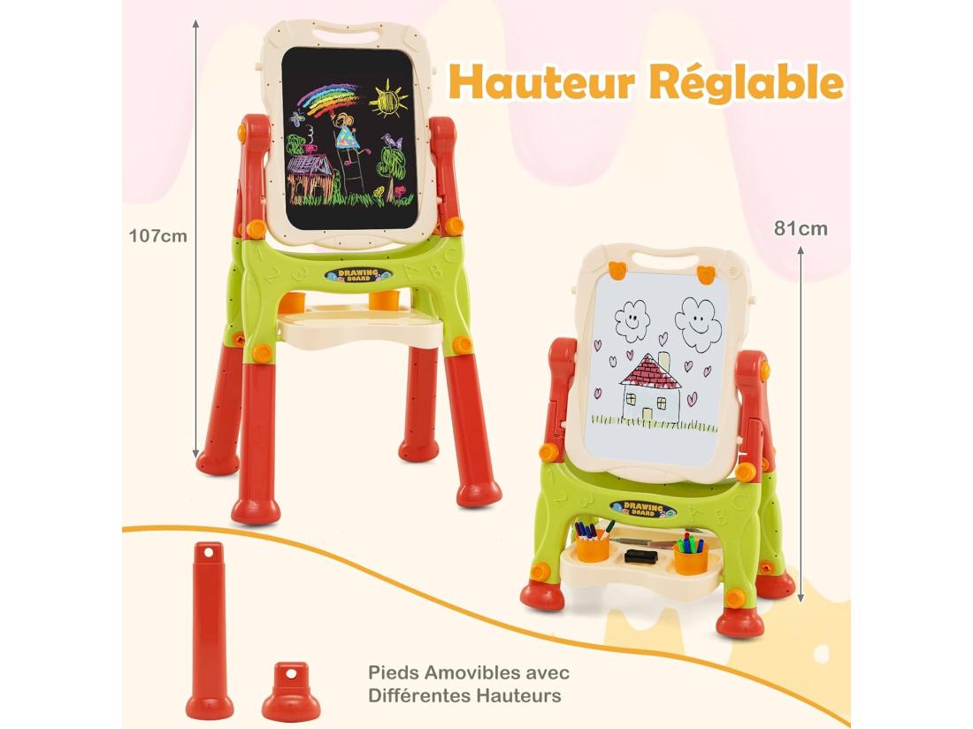 Vente Unique Tableau Enfant Double Face Avec 2 Hauteur Réglable Chevalet Enfant Sur Pieds Avec Plateau De Rangement & 2 Pots Tableau Pivotant à 360° Pour 3 Ans+ (Orange)