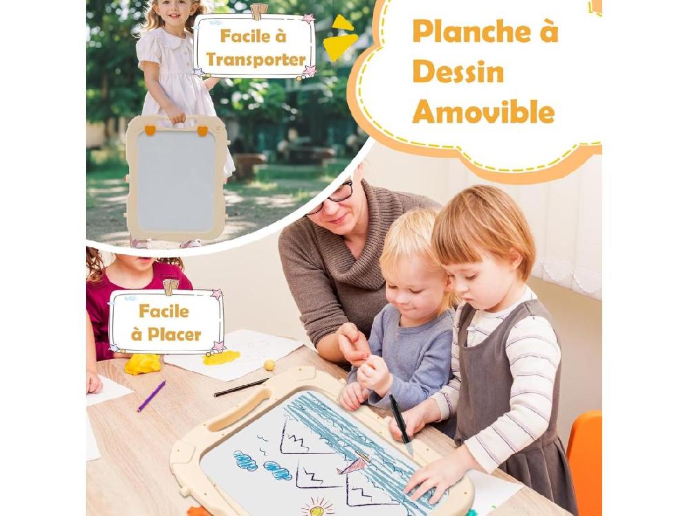 Vente Unique Tableau Enfant Double Face Avec 2 Hauteur Réglable Chevalet Enfant Sur Pieds Avec Plateau De Rangement & 2 Pots Tableau Pivotant à 360° Pour 3 Ans+ (Orange)