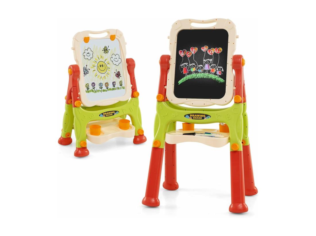 vente unique Tableau Enfant Double Face avec 2 Hauteur Réglable Chevalet Enfant sur Pieds avec Plateau de Rangement & 2 Pots Tableau Pivotant à 360° pour 3 Ans+ (Orange)
