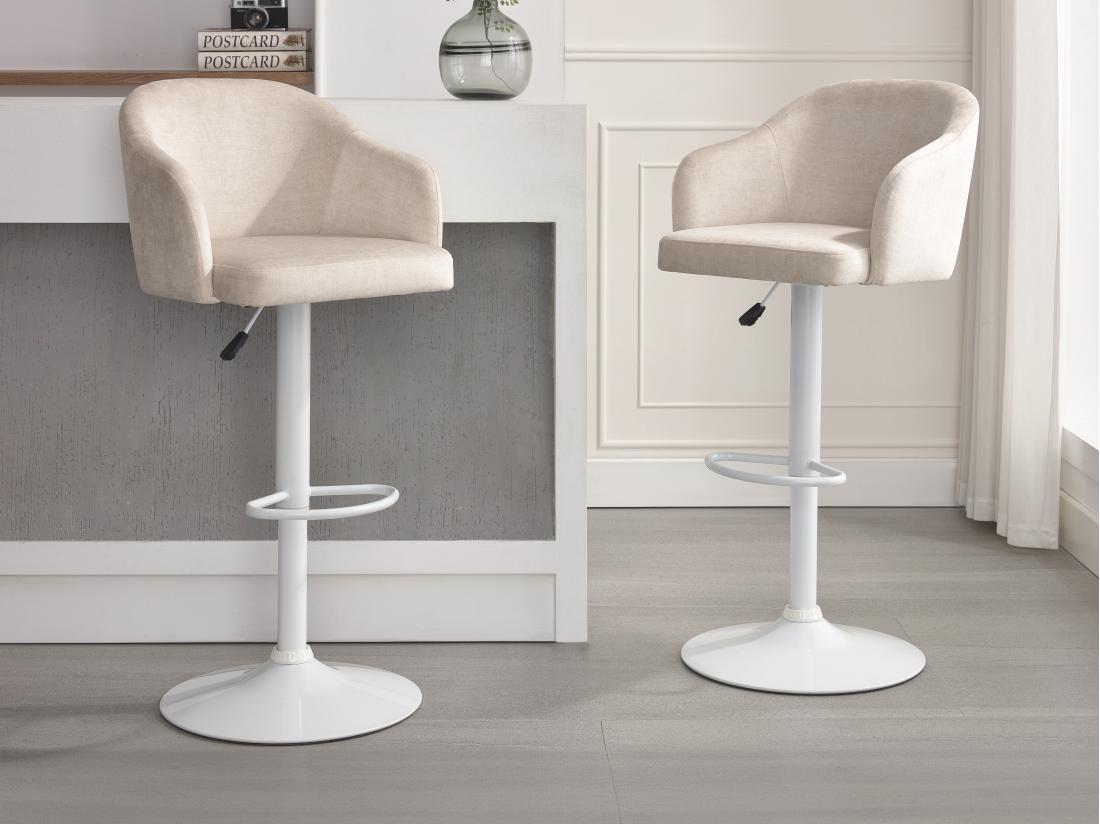 Vente Unique Tabouret De Bar En Tissu Et Métal - Hauteur Réglable - Crème Et Blanc - CARSTEN