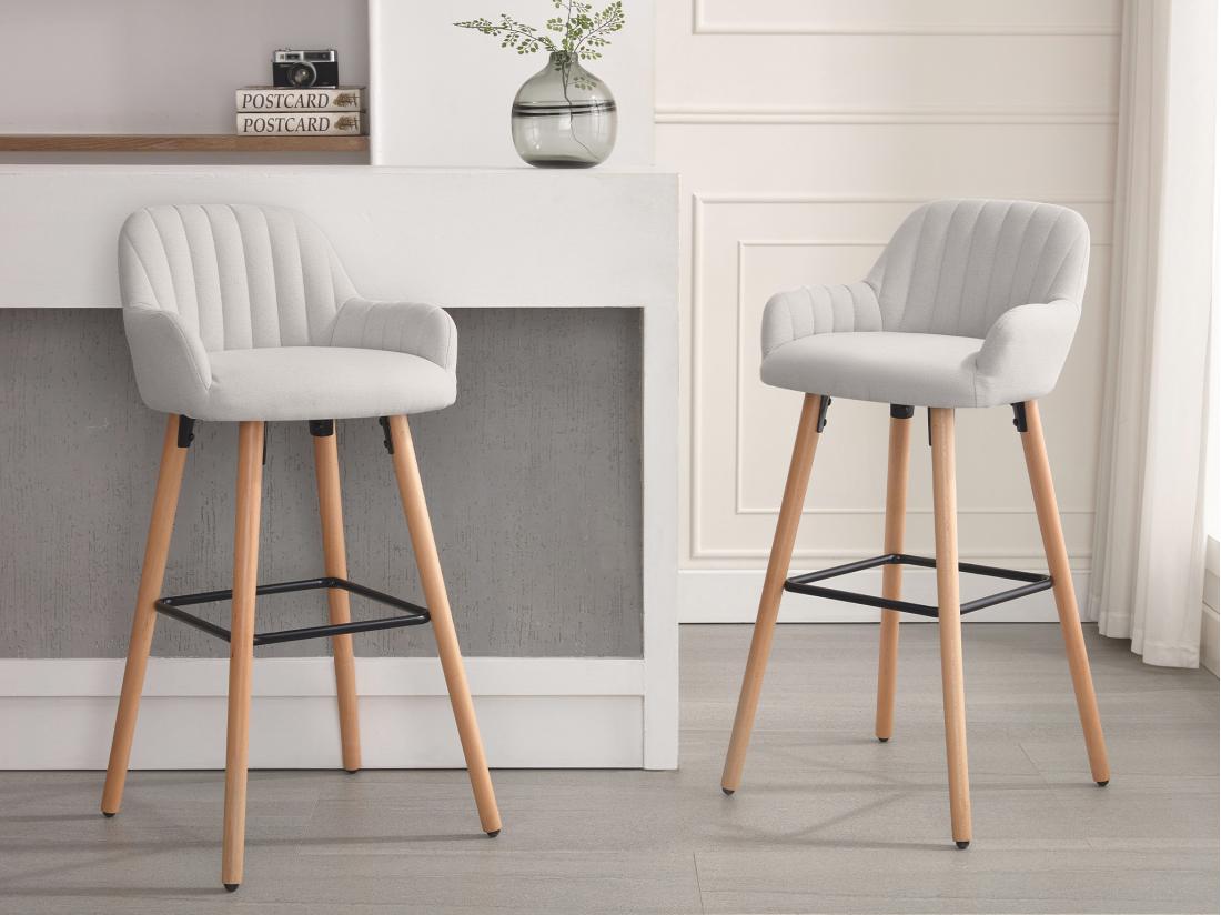vente unique Tabouret de bar en tissu et pieds bois de hêtre - Crème - ELEANA