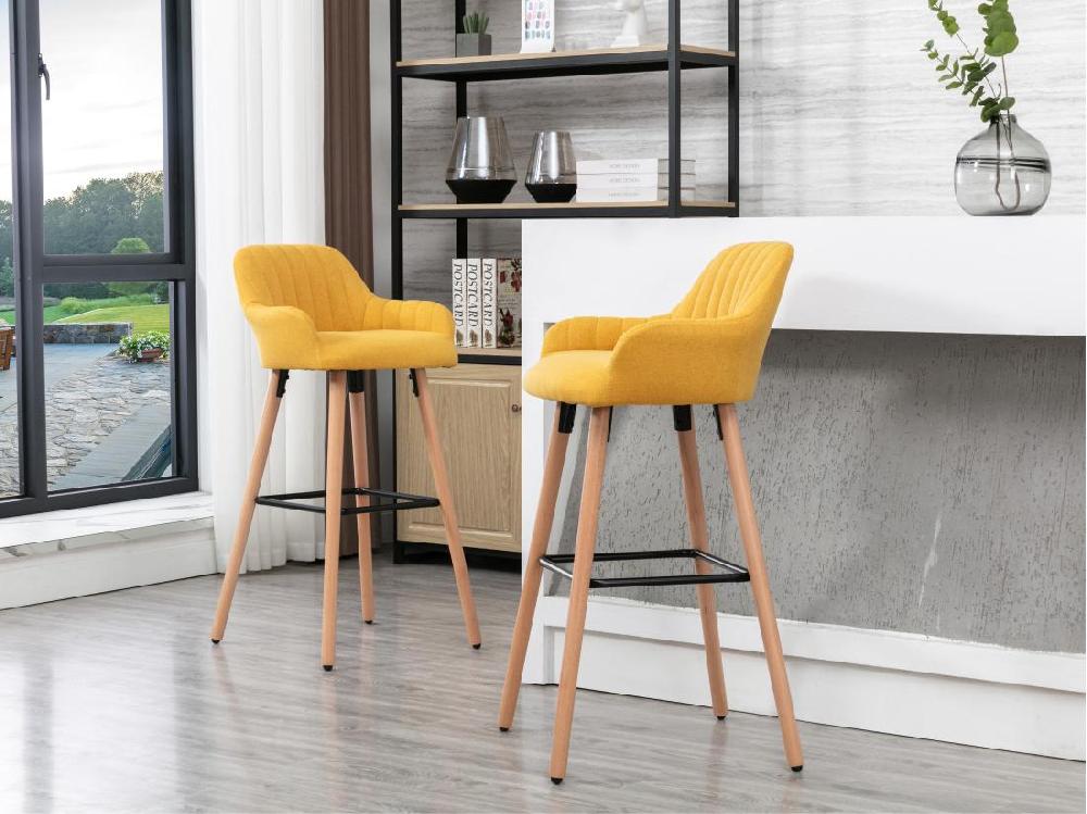 vente unique Tabouret de bar en tissu et pieds bois de hêtre - Jaune - ELEANA