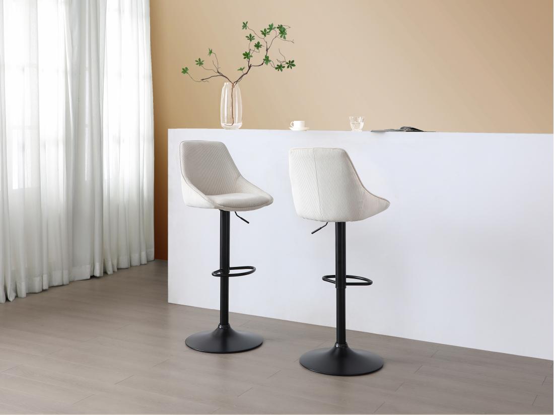 vente unique Tabouret de bar en velours côtelé et métal noir - Hauteur réglable - Crème - MASURIE
