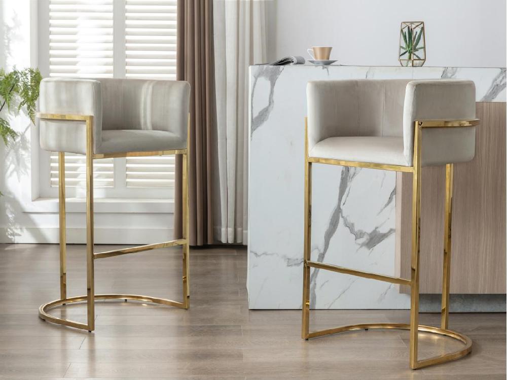 vente unique Tabouret de bar en velours et acier inoxydable - Beige et doré - PERIA de Pascal MORABITO