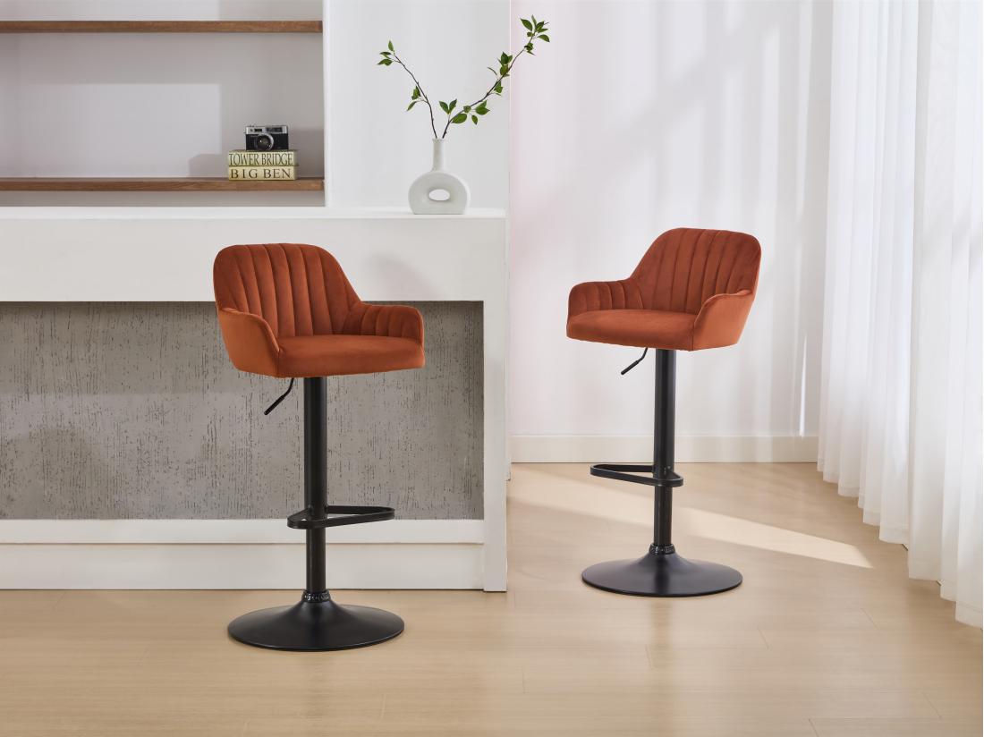 vente unique Tabouret de bar en velours et métal noir - Hauteur réglable - Terracotta - ELEANA