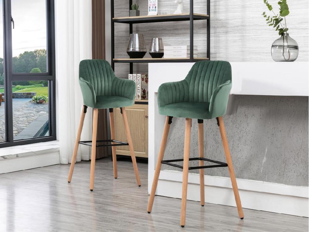 vente unique Tabouret de bar en velours et pieds bois de hêtre - Vert foncé - ELEANA