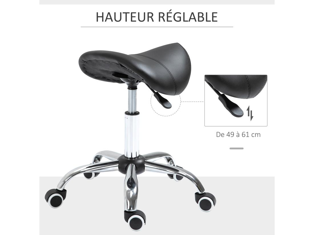 Vente Unique Tabouret De Massage Tabouret Selle Ergonomique Pivotant 360° Hauteur Réglable Revêtement Synthétique Noir Chromé