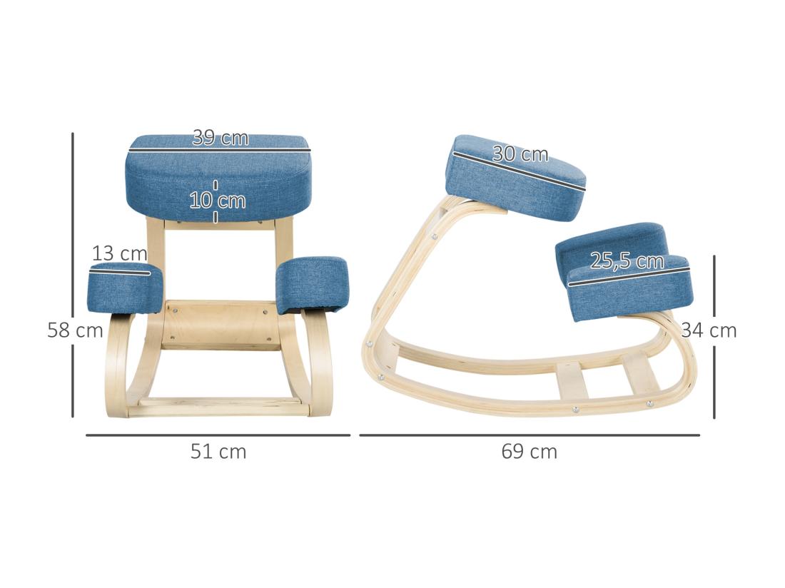Vente Unique Tabouret Ergonomique - Siège Assis à Genoux - Chaise à Genoux Grand Confort - Bois Bouleau Polyester Bleu