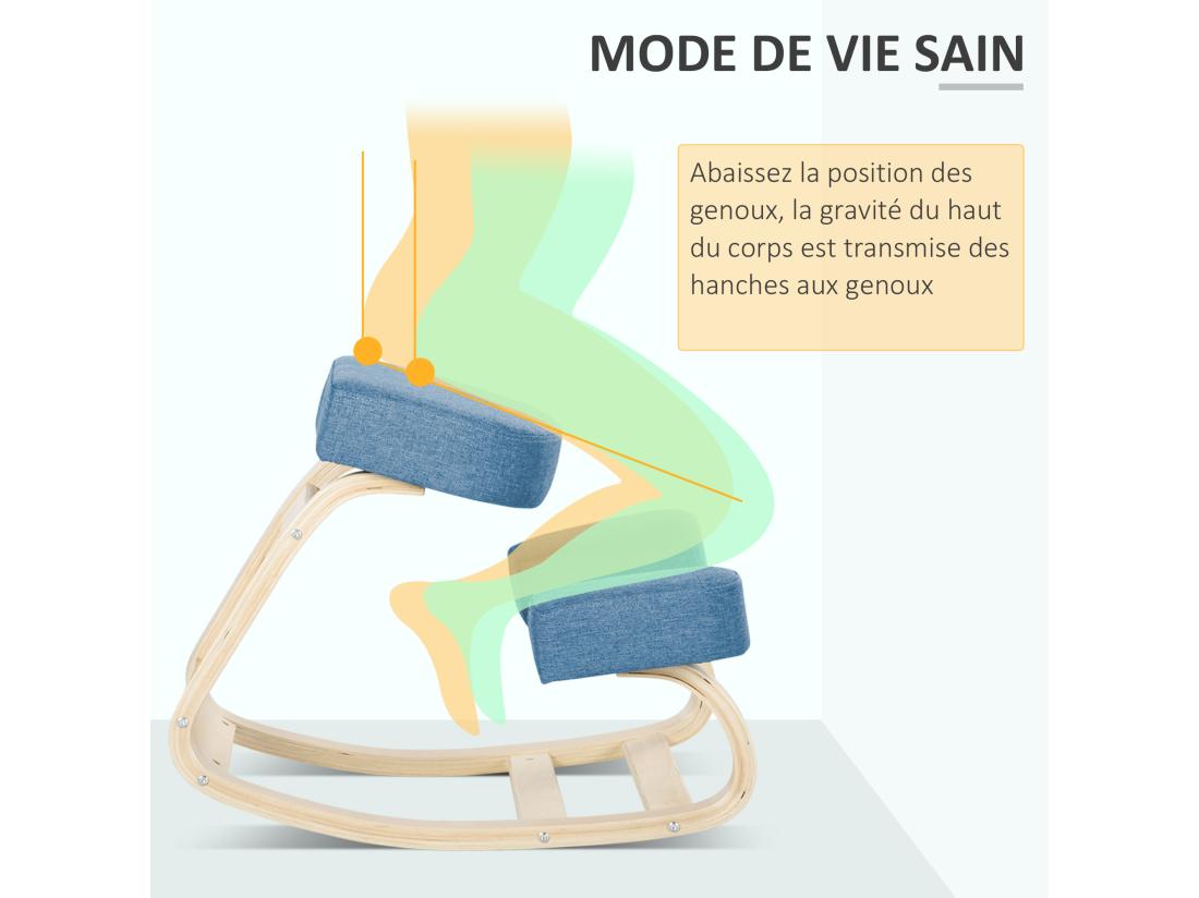 vente unique Tabouret ergonomique - siège assis à genoux - chaise à genoux grand confort - bois bouleau polyester bleu