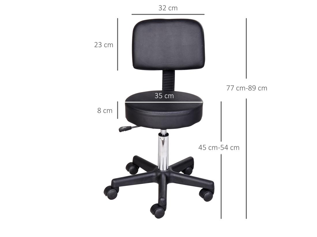 Vente Unique Tabouret Massage à Roulettes Réglable En Hauteur Pivotant Avec Dossier Ergonomique Noir