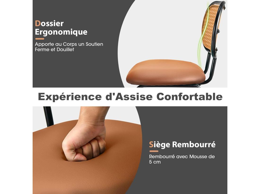 Vente Unique Tabourets De Bar Lot De 2 Chaise Haute Bar En Cuir PU 75 CM De Haut Tabouret Cuisine Avec Dossier Rotin PE Repose-pieds Cadre En Métal 48 X 52 X 107 CM