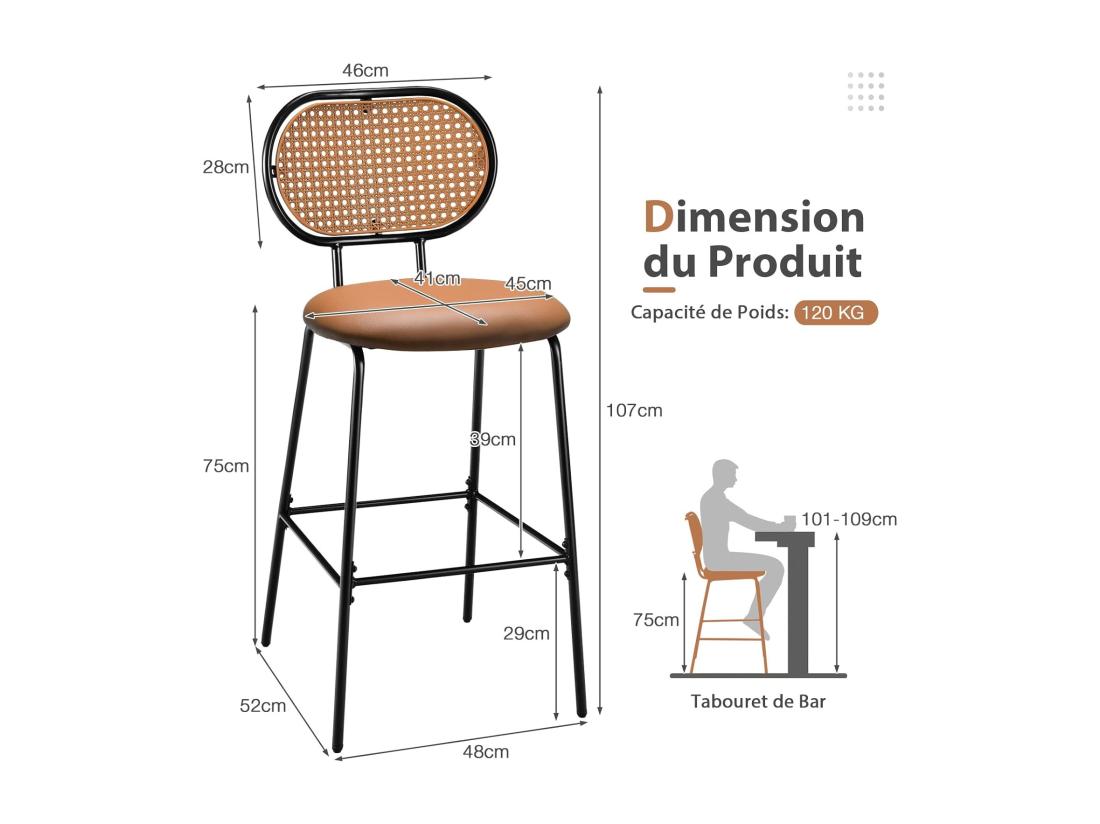 Vente Unique Tabourets De Bar Lot De 2 Chaise Haute Bar En Cuir PU 75 CM De Haut Tabouret Cuisine Avec Dossier Rotin PE Repose-pieds Cadre En Métal 48 X 52 X 107 CM