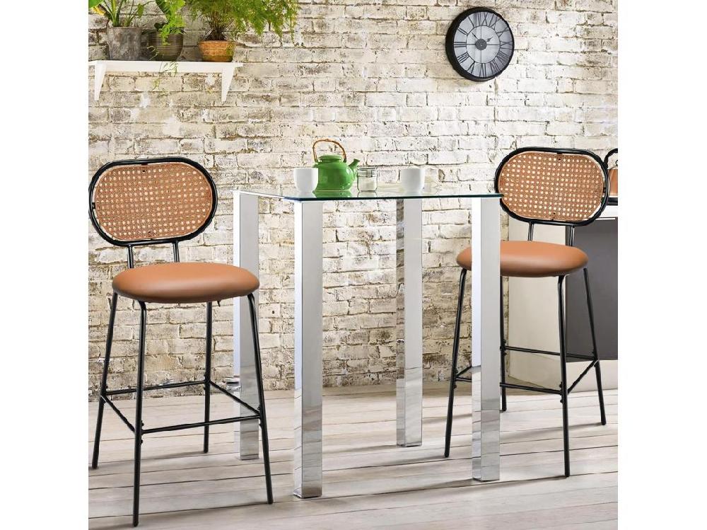 vente unique Tabourets de Bar Lot de 2 Chaise Haute Bar en Cuir PU 75 CM de Haut Tabouret Cuisine avec Dossier Rotin PE Repose-pieds Cadre en Métal 48 x 52 x 107 CM
