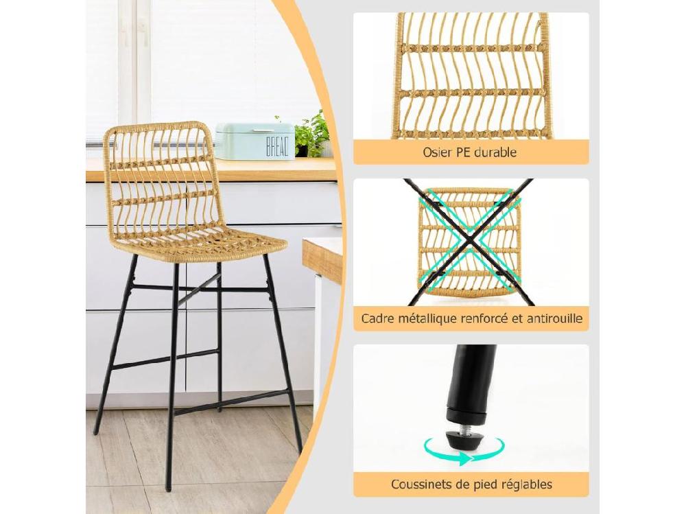Vente Unique Tabourets De Bar Lot De 2 Rotin Pe Siège En Cuir Pu - 69 Cm De Haut Style Naturel