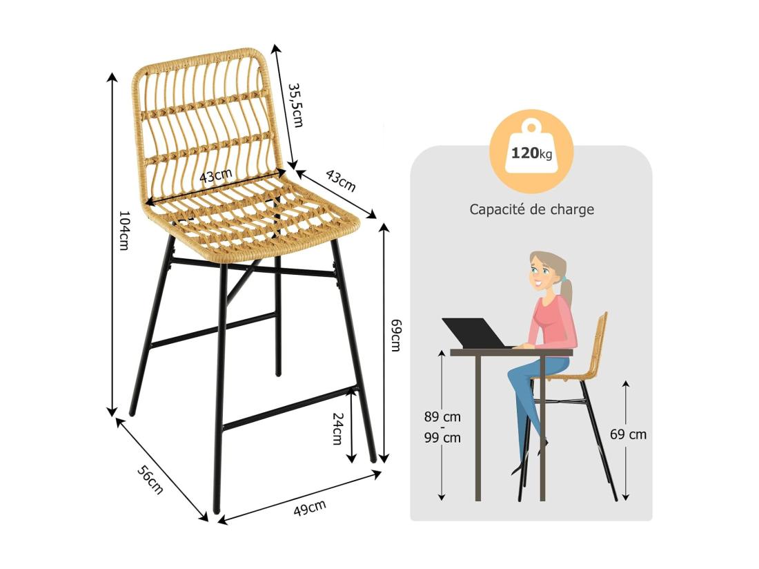 vente unique Tabourets de bar lot de 2 rotin pe siège en cuir pu - 69 cm de haut style naturel