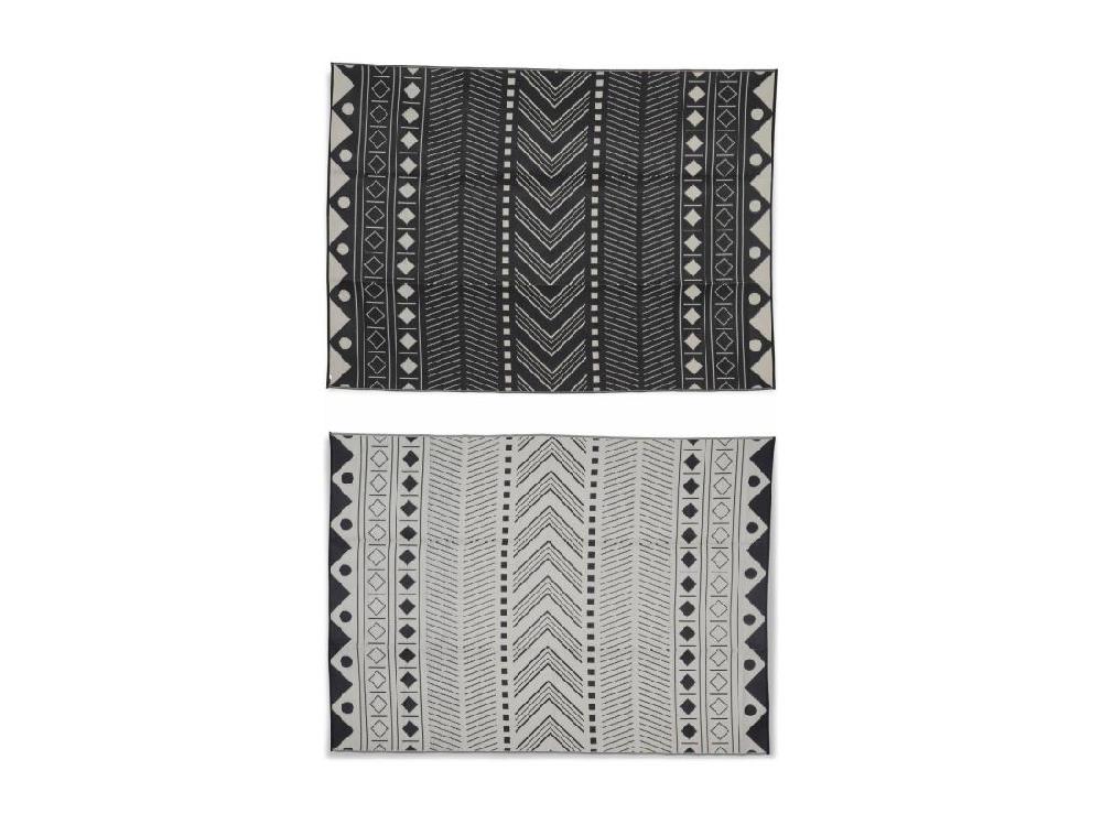 Vente Unique Tapis D’extérieur 270x360cm BAMAKO- Rectangulaire. Motif Ethnique Noir / Beige. Jacquard. Réversible. Indoor / Outdoor