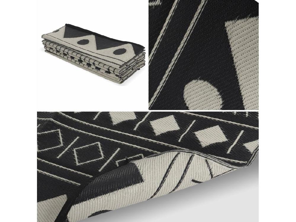 Vente Unique Tapis D’extérieur 270x360cm BAMAKO- Rectangulaire. Motif Ethnique Noir / Beige. Jacquard. Réversible. Indoor / Outdoor