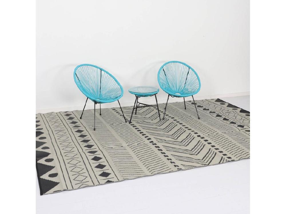 Vente Unique Tapis D’extérieur 270x360cm BAMAKO- Rectangulaire. Motif Ethnique Noir / Beige. Jacquard. Réversible. Indoor / Outdoor
