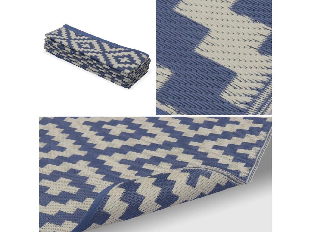 Vente Unique Tapis D’extérieur 270x360cm STOCKHOLM - Rectangulaire. Motif Losanges Bleu / Beige. Jacquard. Réversible. Indoor / Outdoor