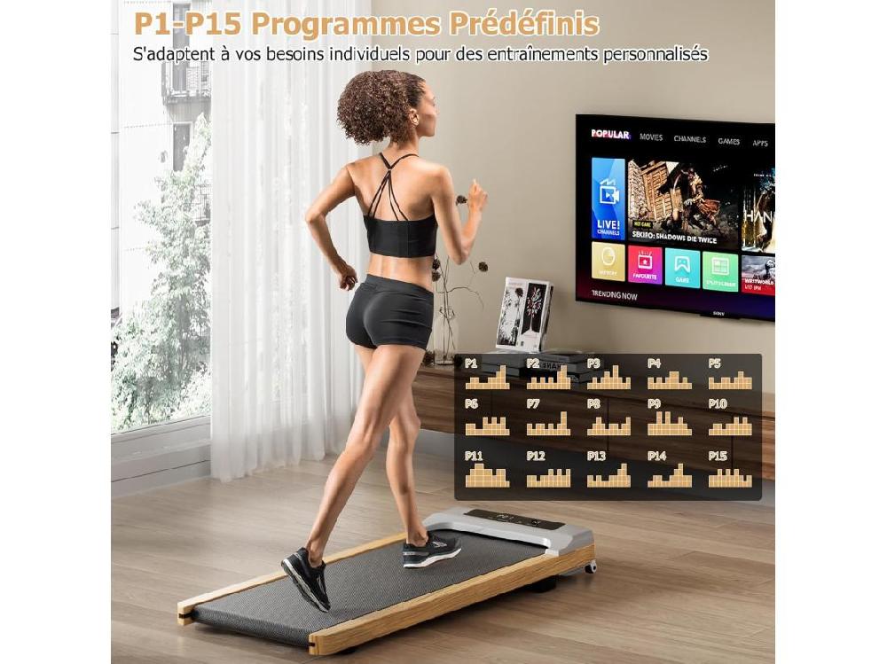 Vente Unique Tapis De Course Électrique 1 à 6 KM/H Moteur 2 25HP à Roulettes Charge 120 Kg Tapis De Marche Avec Télécommande Écran LED 15 Programmes Gris