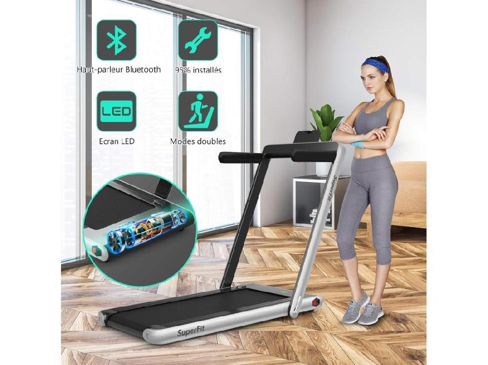 Vente Unique Tapis De Course Electrique Pliable 2 En 1 Contrôlé Par APP 12 Km/H Avec Ecran LED Haut-parleur Bluetooth Moteur 0 75HP (Argent)