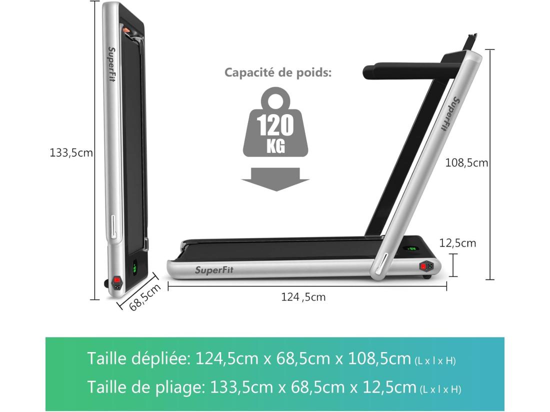 Vente Unique Tapis De Course Electrique Pliable 2 En 1 Contrôlé Par APP 12 Km/H Avec Ecran LED Haut-parleur Bluetooth Moteur 0 75HP (Argent)