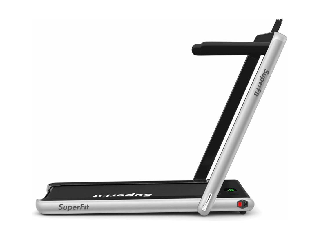 Vente Unique Tapis De Course Electrique Pliable 2 En 1 Contrôlé Par APP 12 Km/H Avec Ecran LED Haut-parleur Bluetooth Moteur 0 75HP (Argent)