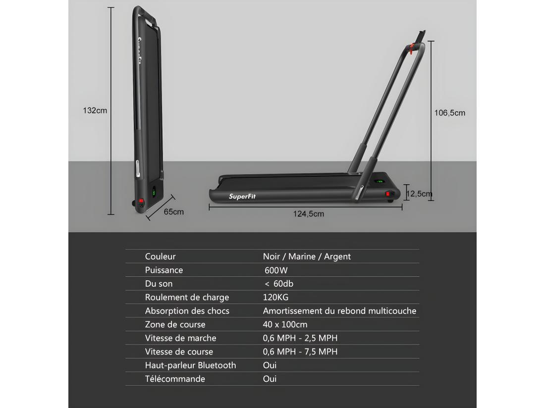 Vente Unique Tapis De Course Electrique Pliable 2 En 1 Contrôlé Par APP 12 Km/H Avec Ecran LED Haut-parleur Bluetooth Moteur 0 75HP