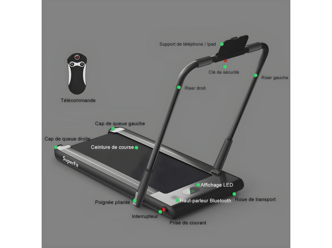 Vente Unique Tapis De Course Electrique Pliable 2 En 1 Contrôlé Par APP 12 Km/H Avec Ecran LED Haut-parleur Bluetooth Moteur 0 75HP