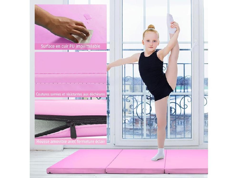 Vente Unique Tapis De Gymnastique Epais 240x116x5CM Matelas D'Entrainement Pliable En Mousse Et PU Détachable Avec 2 Poignées 4 Velcro Pour Gymnastes Entraînements Sportifs Yoga Rose