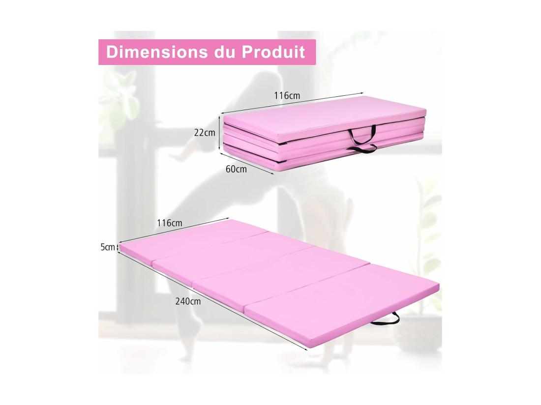 Vente Unique Tapis De Gymnastique Epais 240x116x5CM Matelas D'Entrainement Pliable En Mousse Et PU Détachable Avec 2 Poignées 4 Velcro Pour Gymnastes Entraînements Sportifs Yoga Rose