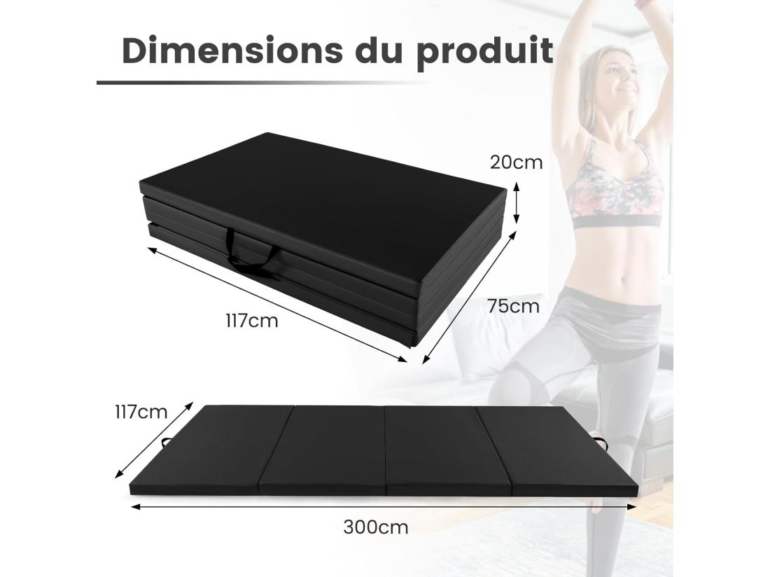 Vente Unique Tapis De Gymnastique Pliable à 4 Plis Epais Matelas D'Entrainement En Mousse Et PU Avec Poignées Attaches Auto-agrippantes Pour Gymnastes Entraînements Yoga 300x117x5CM Noir