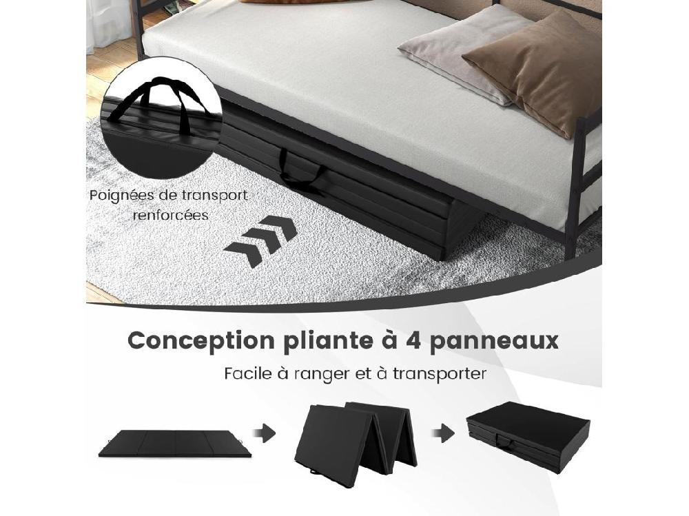 Vente Unique Tapis De Gymnastique Pliable à 4 Plis Epais Matelas D'Entrainement En Mousse Et PU Avec Poignées Attaches Auto-agrippantes Pour Gymnastes Entraînements Yoga 300x117x5CM Noir