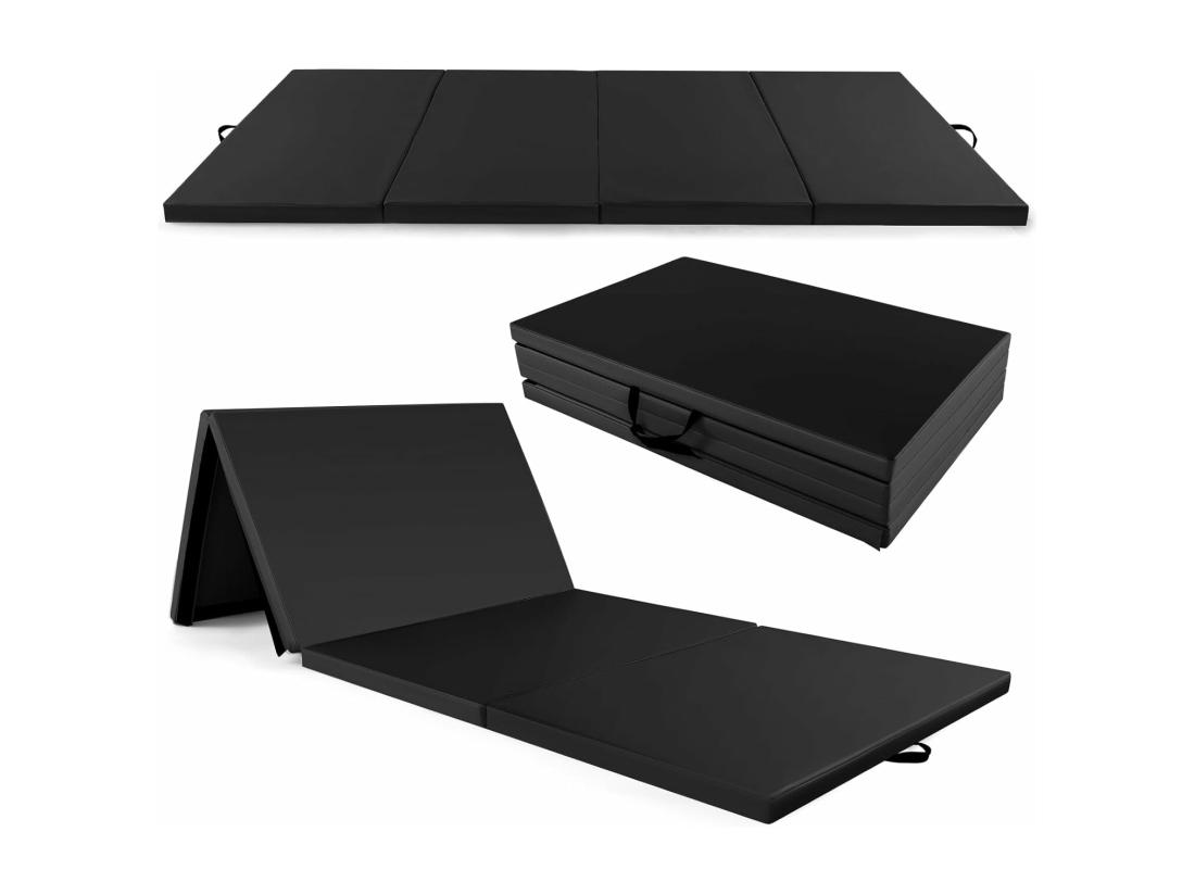 vente unique Tapis de Gymnastique Pliable à 4 Plis Epais Matelas d'Entrainement en Mousse et PU avec Poignées Attaches Auto-agrippantes pour Gymnastes Entraînements Yoga 300x117x5CM Noir
