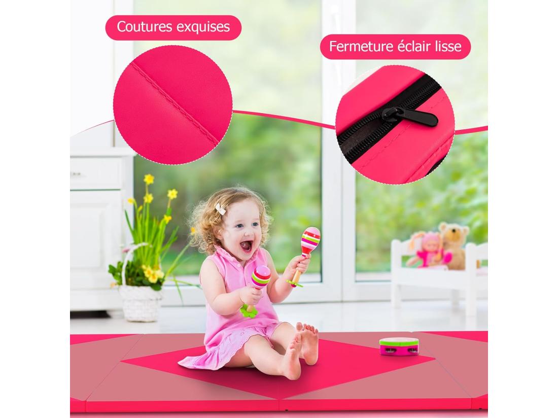 Vente Unique Tapis De Gymnastique Pliable Epais 240x117x5CM Matelas D'Entrainement En Mousse Et PU Avec Poignées Pour Gymnastes Entraînements Sportifs Yoga (Rose Et Rouge)