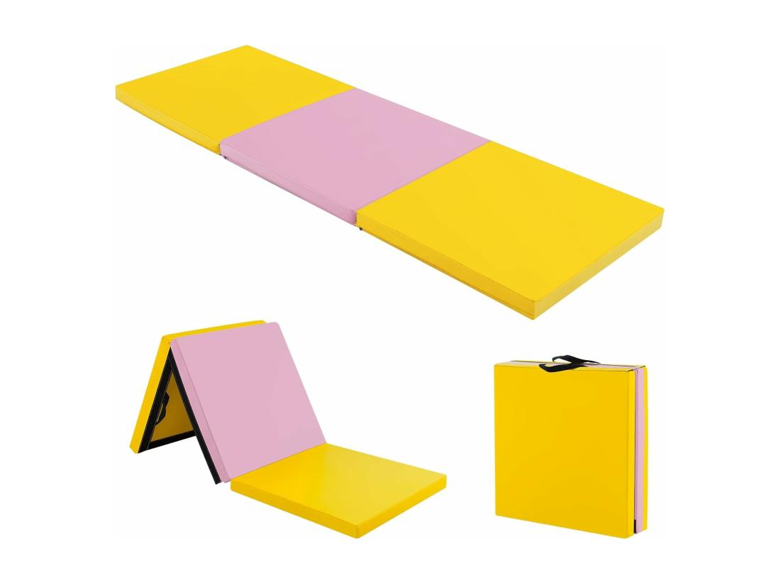 Vente Unique Tapis De Gymnastique Pliable Epais Matelas D'Entrainement En Mousse Et PU Avec Poignées Pour Gymnastes Entraînements Sportifs Yoga 180x60x5CM (Rose Et Jaune)