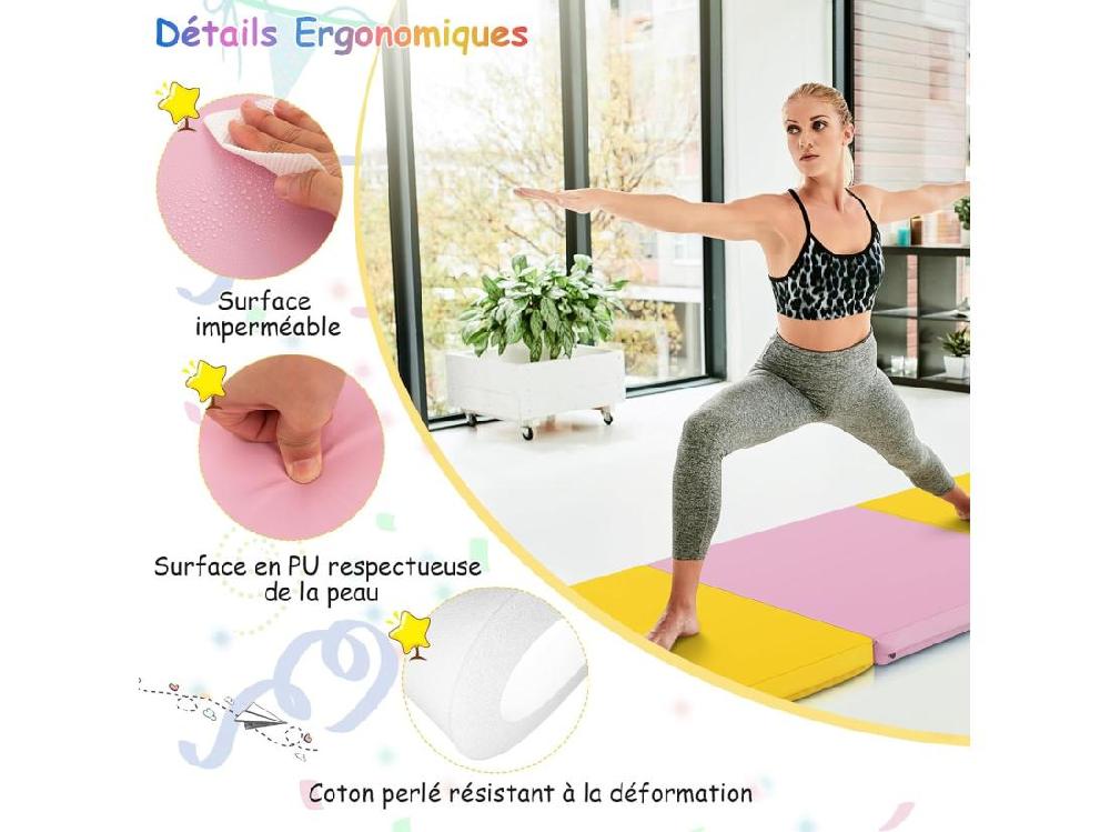 Vente Unique Tapis De Gymnastique Pliable Epais Matelas D'Entrainement En Mousse Et PU Avec Poignées Pour Gymnastes Entraînements Sportifs Yoga 180x60x5CM (Rose Et Jaune)