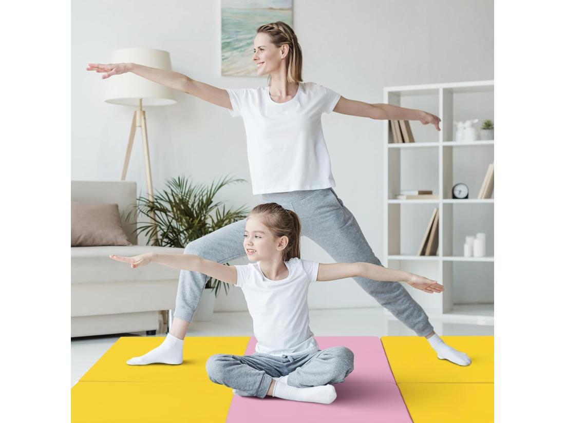 Vente Unique Tapis De Gymnastique Pliable Epais Matelas D'Entrainement En Mousse Et PU Avec Poignées Pour Gymnastes Entraînements Sportifs Yoga 180x60x5CM (Rose Et Jaune)