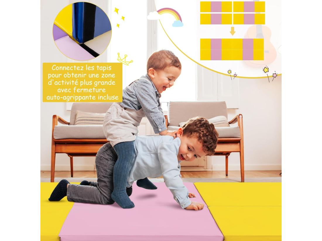 vente unique Tapis de Gymnastique Pliable Epais Matelas d'Entrainement en Mousse et PU avec Poignées pour Gymnastes Entraînements Sportifs Yoga 180x60x5CM (Rose et Jaune)