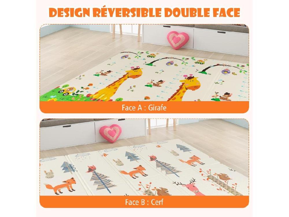 Vente Unique Tapis De Jeu Bébé Pliable 200x180x1 4cm Avec Sac De Transport Tapis De Sol XXL En XPE Imperméable Et Réversible Avec Motif Girafe & Cerf Tapis D'éveil Double Face