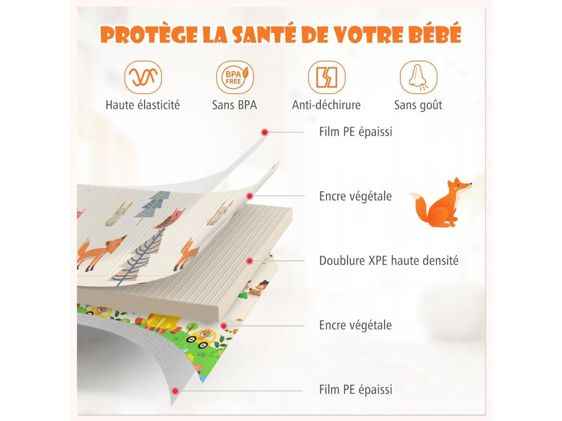 Vente Unique Tapis De Jeu Bébé Pliable 200x180x1 4cm Avec Sac De Transport Tapis De Sol XXL En XPE Imperméable Et Réversible Avec Motif Girafe & Cerf Tapis D'éveil Double Face